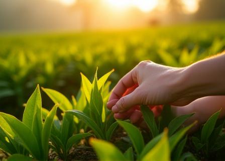 A tea farmer inspecting fresh green tea leaves at a sustainable plantation