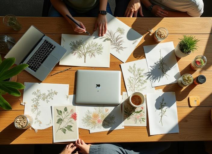 A collaborative meeting room with botanical sketches and tea samples