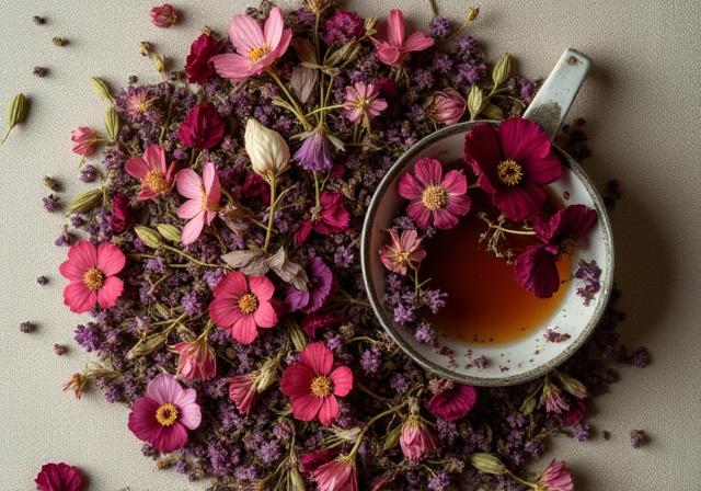 A collection of dried edible flowers and loose leaf tea on a textured linen surface
