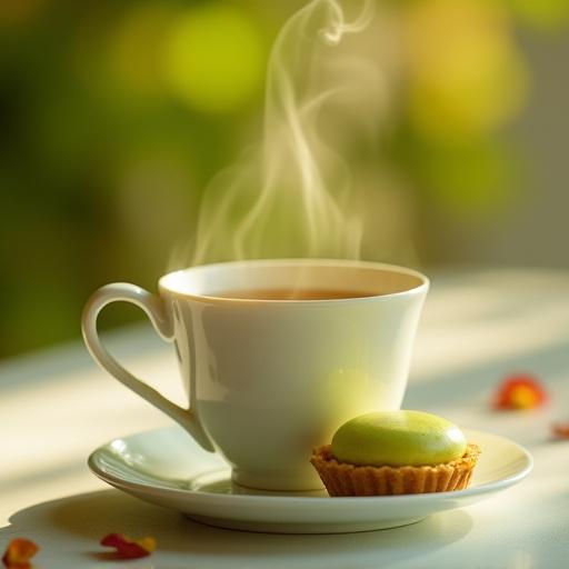 Delicate pastries arranged next to a steaming cup of floral tea adorned with petals