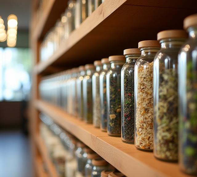 Our boutique tea studio in St Kilda featuring botanical jars and wooden accents
