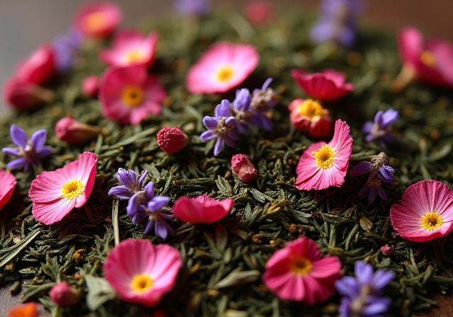 Artisan floral tea blend with dried rose petals and loose leaf tea