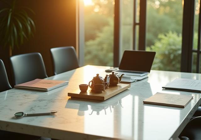 Professional tea business consulting session with tea tasting set