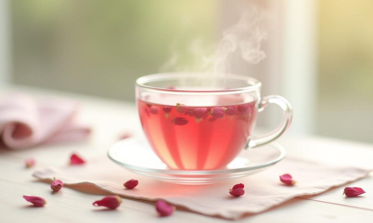 A steaming cup of pink rose bud tea surrounded by dried petals on a rustic wooden table