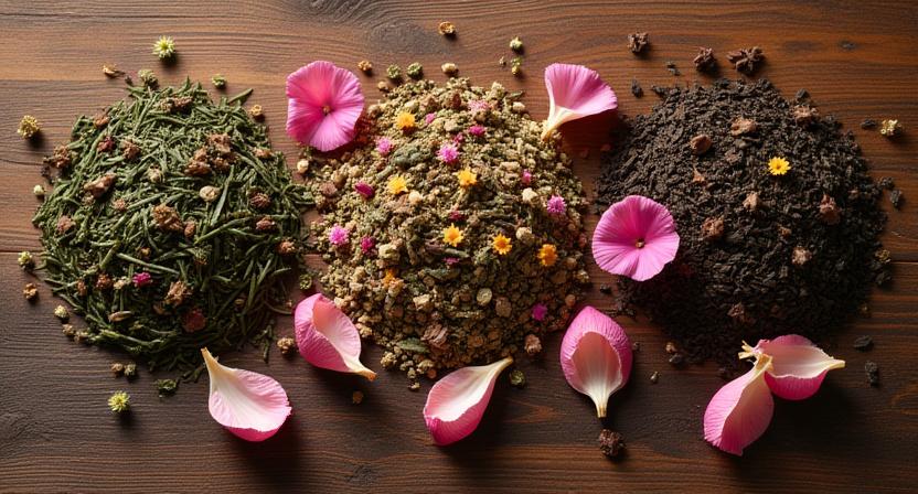Artisan tea leaves and dried flowers spread on a rustic wooden table
