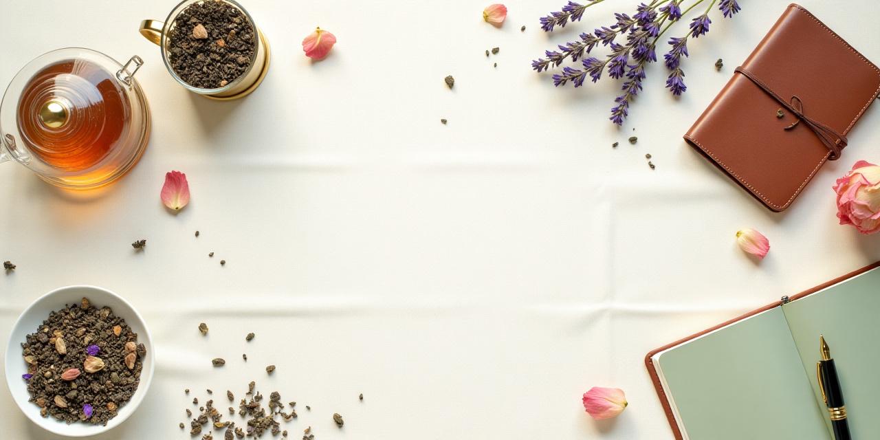 Sophisticated workspace with dried botanical samples and tea blending tools